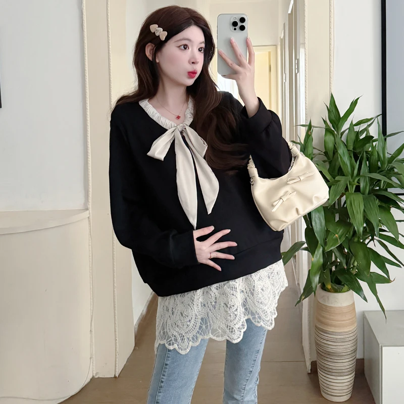 Jarné plus materské mikiny s dlhým rukávom sťahovacia šnúrka Golier Bowknot Ribbon módne čipky Patchwork Tehotná žena mikina