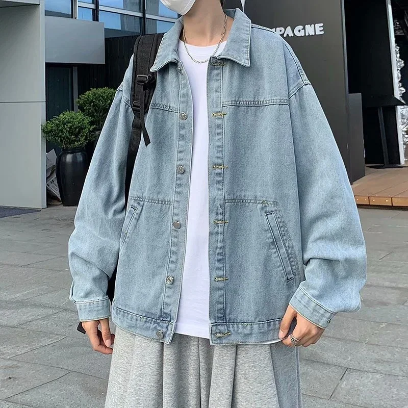 Jarné pánske modré džínsové bunda Solid Color Retro Loose Vousar Kórejské módne džínsy Y2K Streetwear