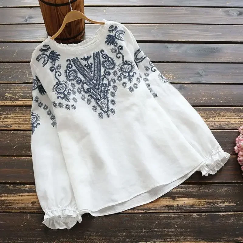 Jarné s dlhým rukávom vlno vrcholy žien vintage výšivka blúzka Príležitostná o krk bavlnená bielizeň blusas femininas košeľa myer