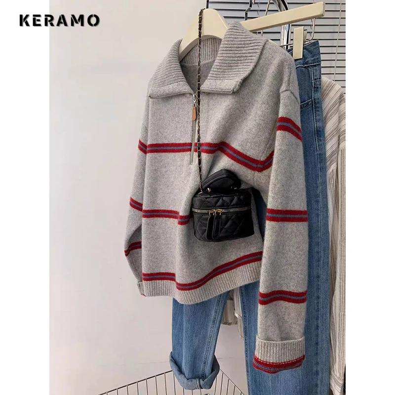 Jarné zimné ženy móda uvoľnené pletené pletené sivé sivé svetre s dlhým rukávom retro retro na zips-up pulvovers neformálne ružové topy y2k ženy