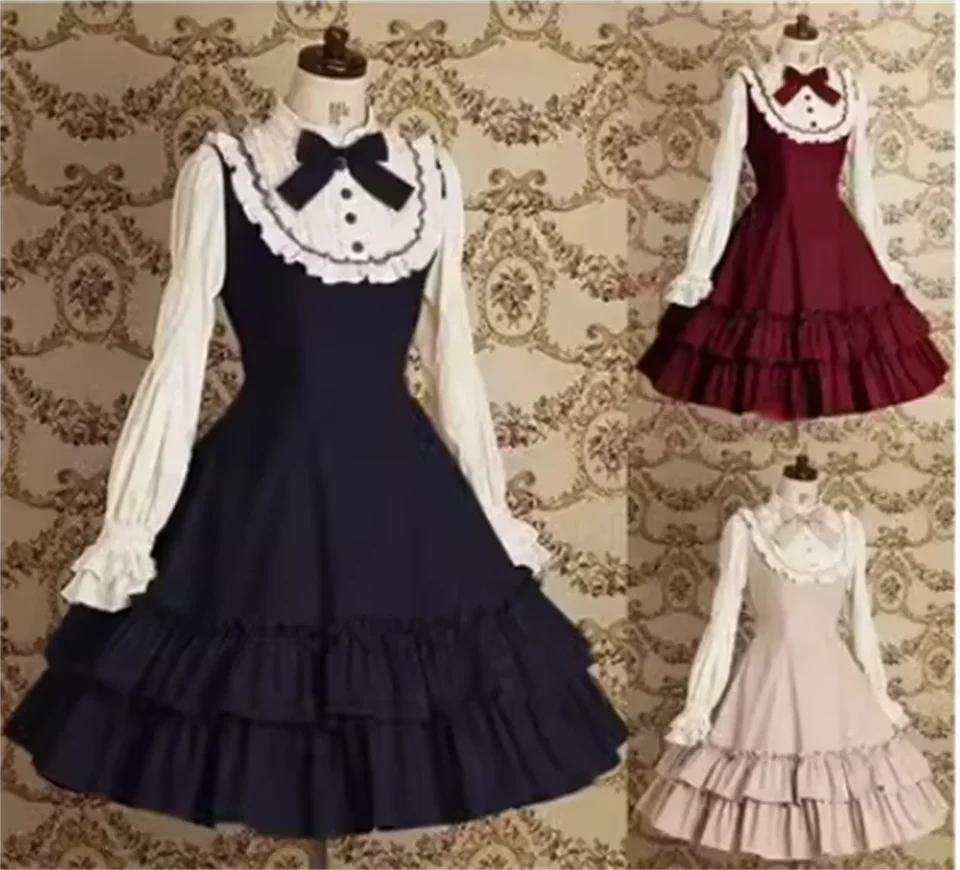 Jarné šaty lolita retro s dlhým rukávom slúžka čipky mladé dievča jarné skladané vintage škola