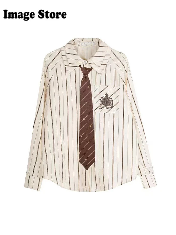 Jarné ženy japonské preppy pruhované košele s dlhým rukávom Kórejská móda 2000 Estetické blúzky výšivky vintage shoujo príliv