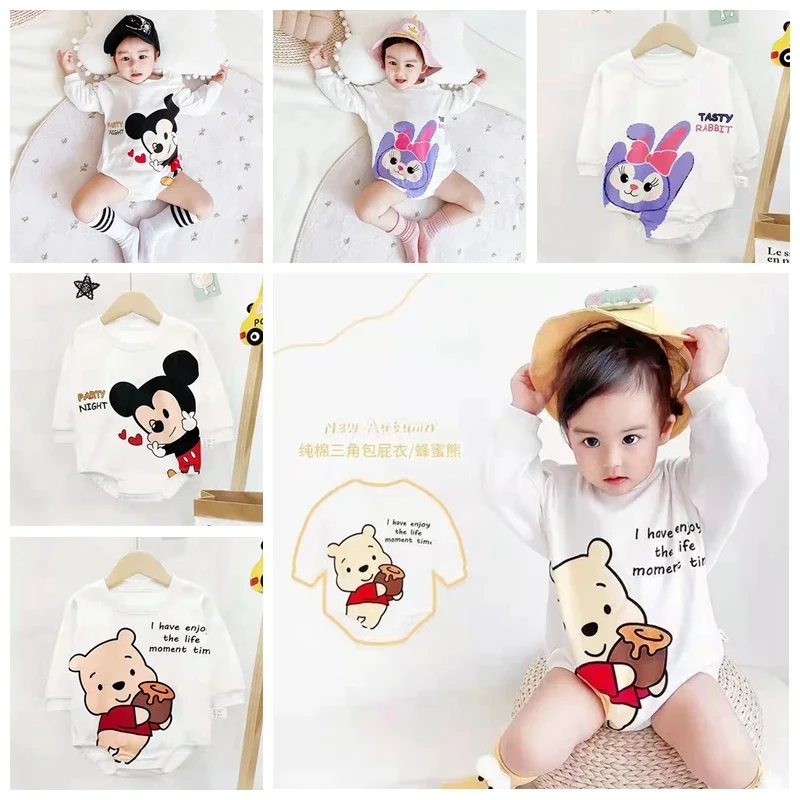Jarný novorodenecký chlapec Romper Cartoon Mickey Stellalou Pooh Print Dojčenská dievčina kombinéza bavlnená tela BodySuit Kid oblečenie 0-36m