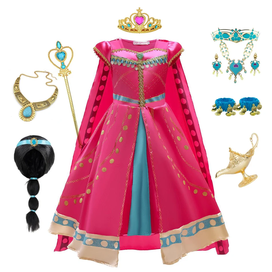 Jasmine kostým pre dievčatá arabské šaty pre deti Aladdin cosplay vianočné halloweenské večierky s rukavicami korunový prútik doplnky