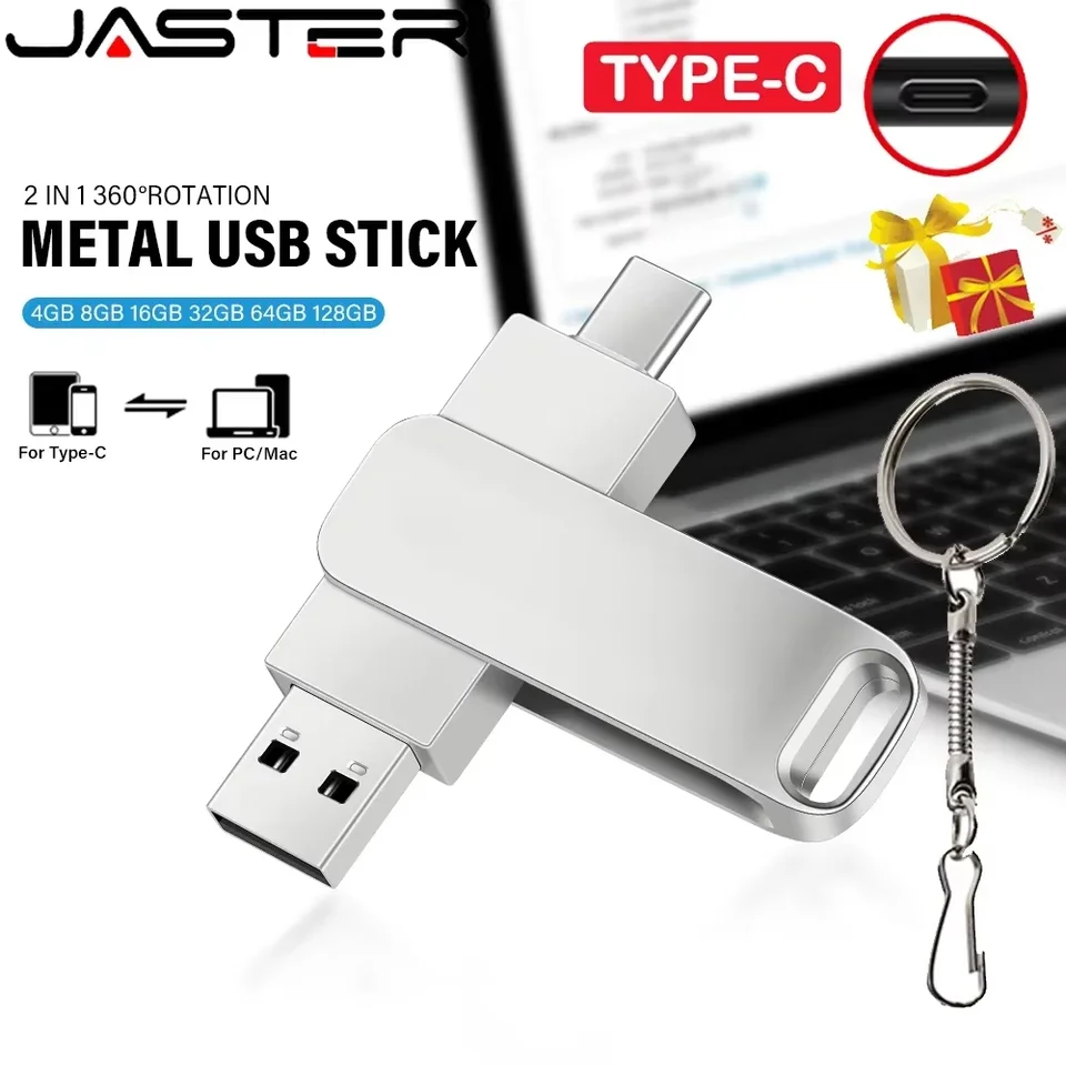 Jaster 2in1 Type-C USB 2.0 Flash Drive 64 GB Drive Metal Pen s reťazou kľúča striebro 32 GB pamäťová palica 16 GB U Disk pre inteligentný telefón
