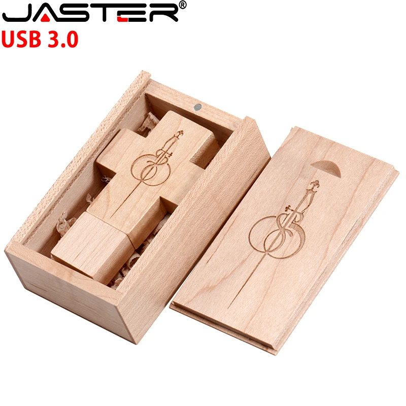 Jaster USB 3.0 Flash Drive Wood Cross Pamäť s paličkou Maple Drevená krabica Pen Drive Zadarmo vlastné logo Pendrive Svadobné darčeky 128 GB 64 GB