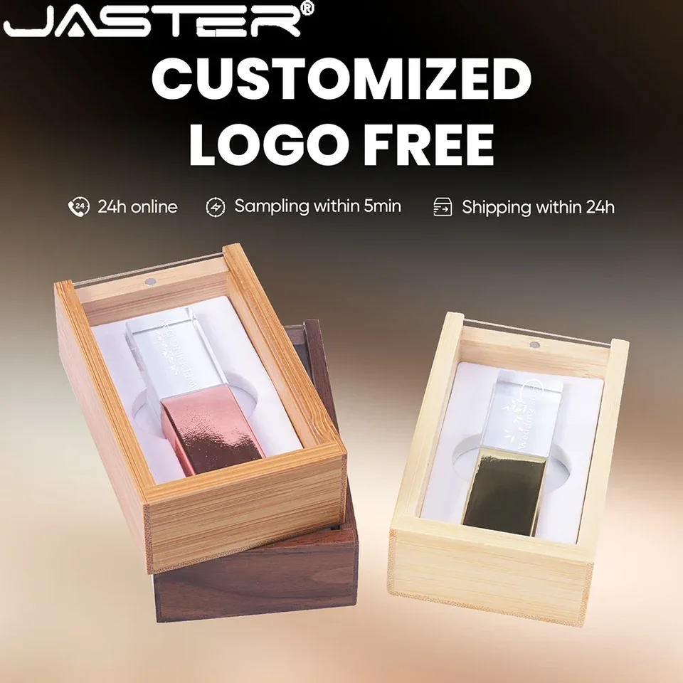 Jaster Wooden Acryl Cover Box + Crystal USB 2.0 Flash Drives 128 GB 64 GB Pen Drive Per Free Custom Logo Memory Stick 32 GB USB Stick