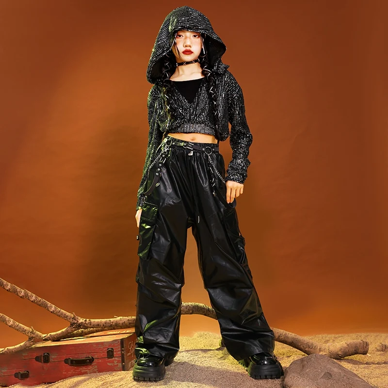 Jazz Dance KPOP STAGE Outfit Girls Módny oblek pre hop dlhé rukávy Tops Hoodie Loose Black Pants Kids Street Dancewear 1126