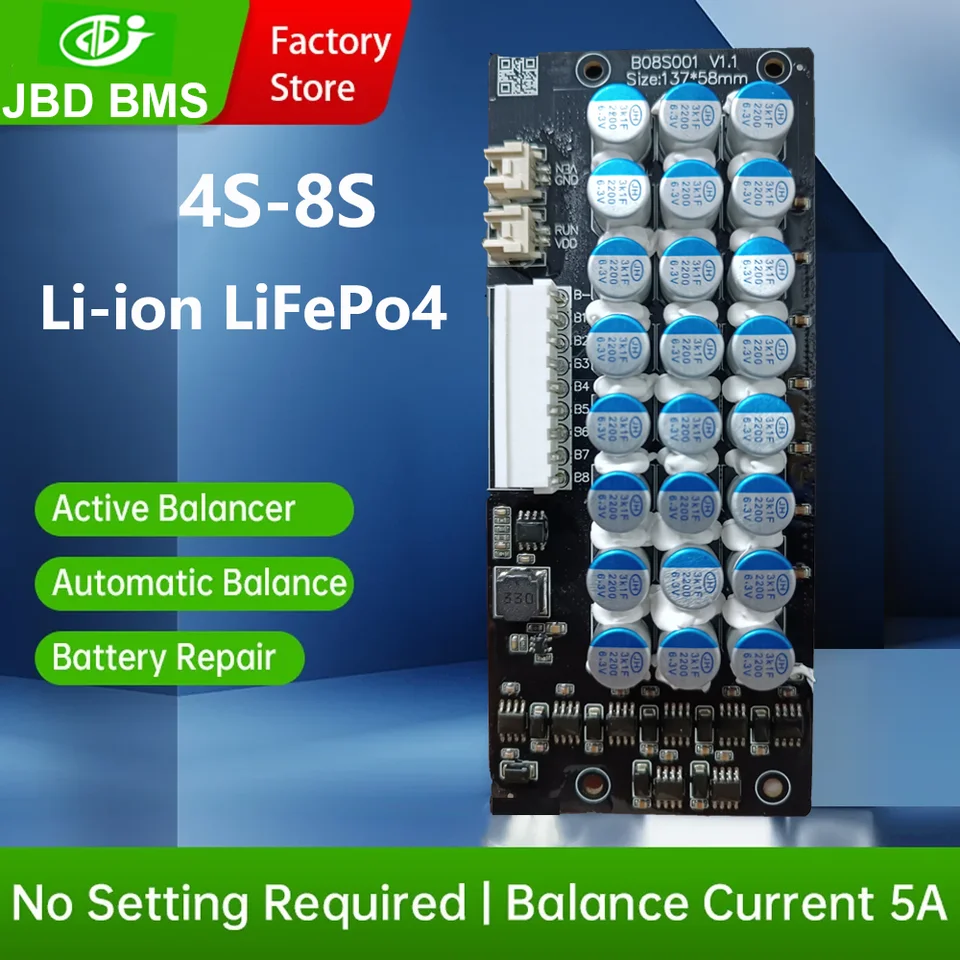 JBD aktívny vyrovnávač vyrovnávača 5A 4S 8S LIFEPO4 LI-ION NMC lítium-iónová batéria Energy Balance Balance Board