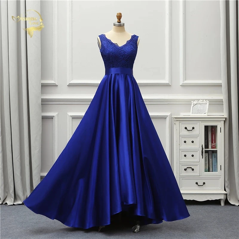 Jeanne Love Sexy Evening Dress 2025 Nový backless v-krk Royal Blue Open Lace Lace Robe de Soiree Vestido de Festa ol5245 Party