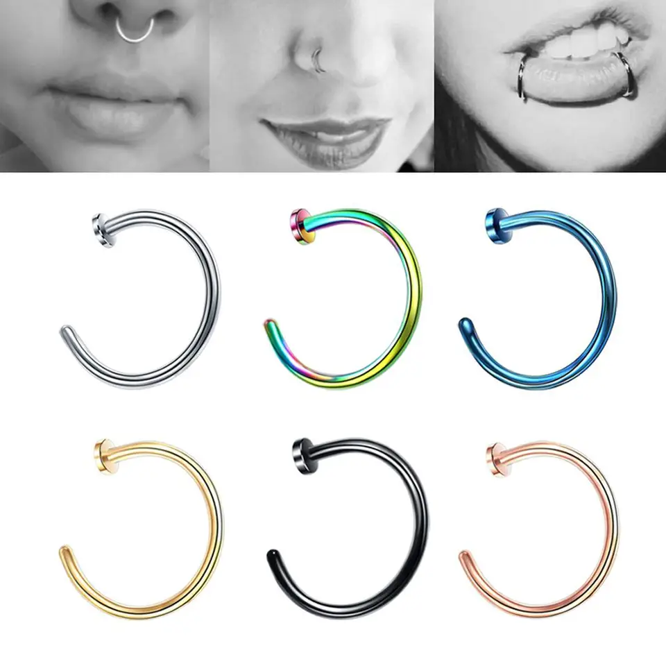 Jeden kus 6 mm 8 mm 10 mm farebný falošný nosový piercing prsteň tela piercing priemyselný 316L oceľový falošný piercing Tragus prsteň náušnice