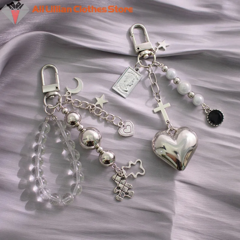 Jedinečný cool Moon Heart Bear Animal Keychain Keyring for Women Punk Star Cross Transparentné korálky vrecko v krabi