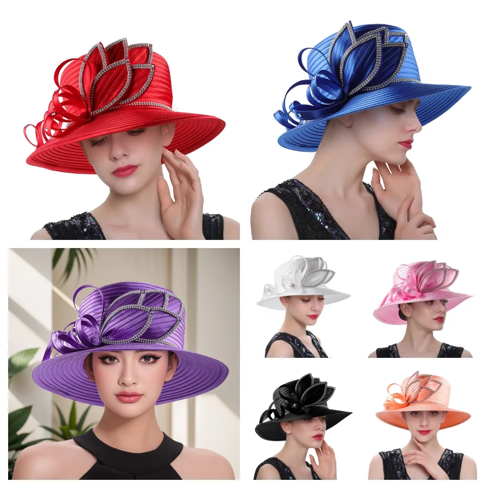 Jedinečný dizajn Ženy saténové látky kostolný klobúk elegantná svadobná fotografia Týpeľový klobúk Žena banket Fancy Fascinator Formal Hat Žena