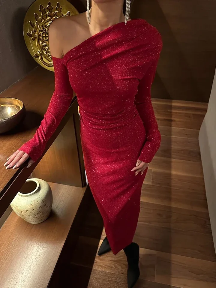 Jedno rameno s dlhým rukávom iskrivé dlhé šaty pre ženy módny diagonálny golier backless Bodycon Club Party Midi šaty