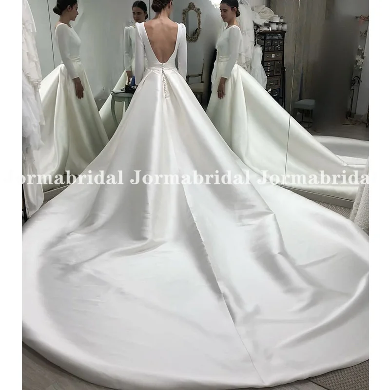 Jednoducho elegantné svadobné šaty Mikado A-line s dlhými rukávmi Long Open Dlhý vlakový kostol Svadobné šaty pre ženy zimné svadby