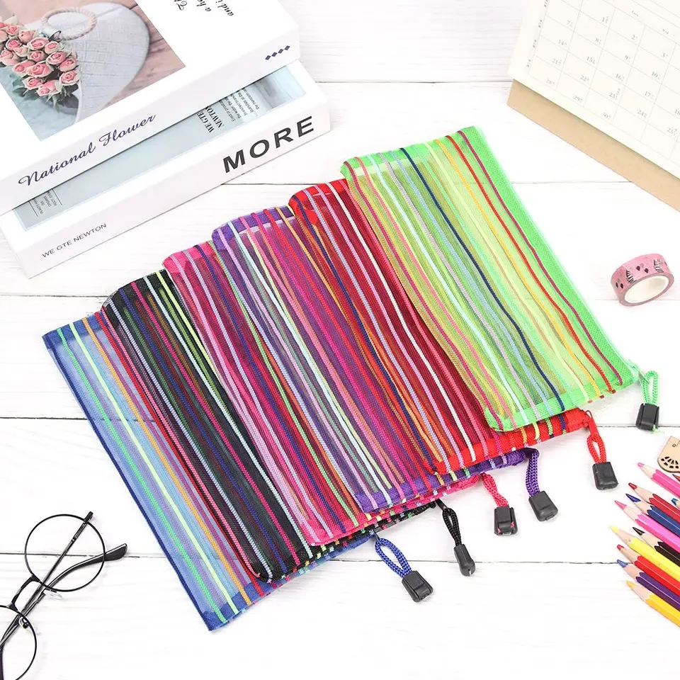 Jednoduchá dúhová farebná sieťová taška vrecká Multicolor Zipper Stationery Bag Nylon Bag Cencil Case Office Student School Supplies
