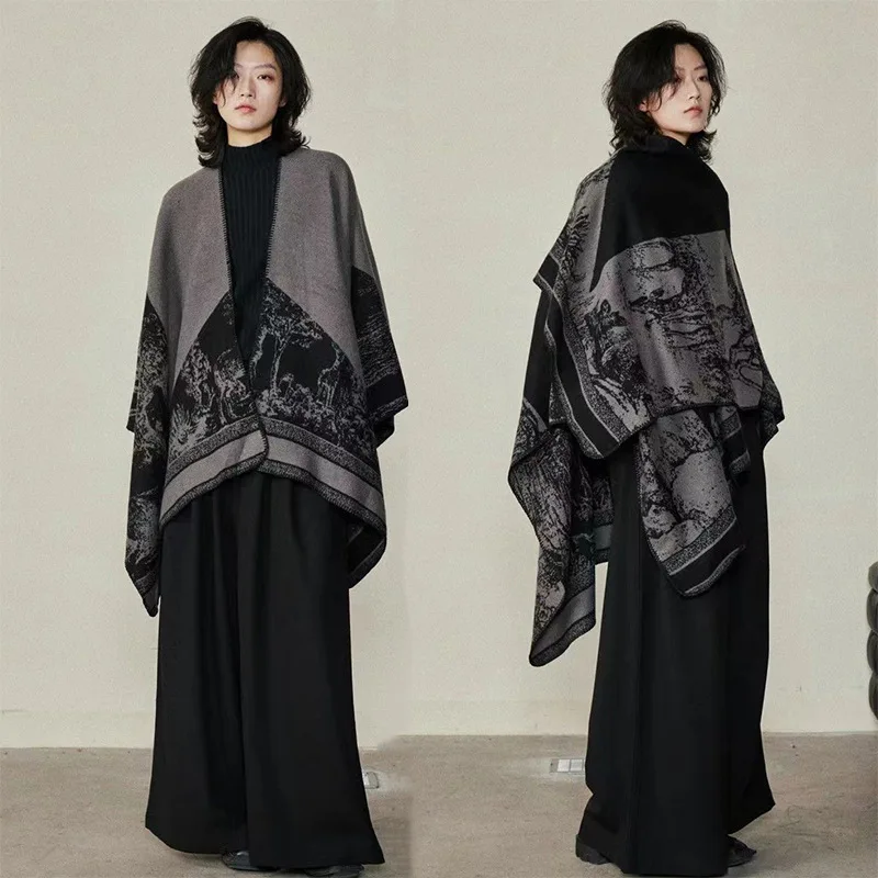 Jednoduchá zimná dámska štrbina Cashmere Shawl Dark Printed Cloak Autumn Warm Pánsky obojstranný etnický štýl šál 130*170 cm