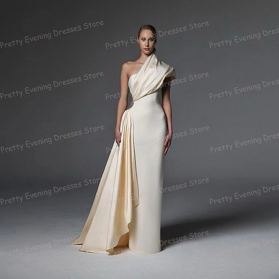 Jednoduché dámske večerné šaty morská panna sexy jedno ramenné plesové šaty bez rukávov bez rukávov bez ramienok Satin Party Elegantné Vestidos Prispôsobené