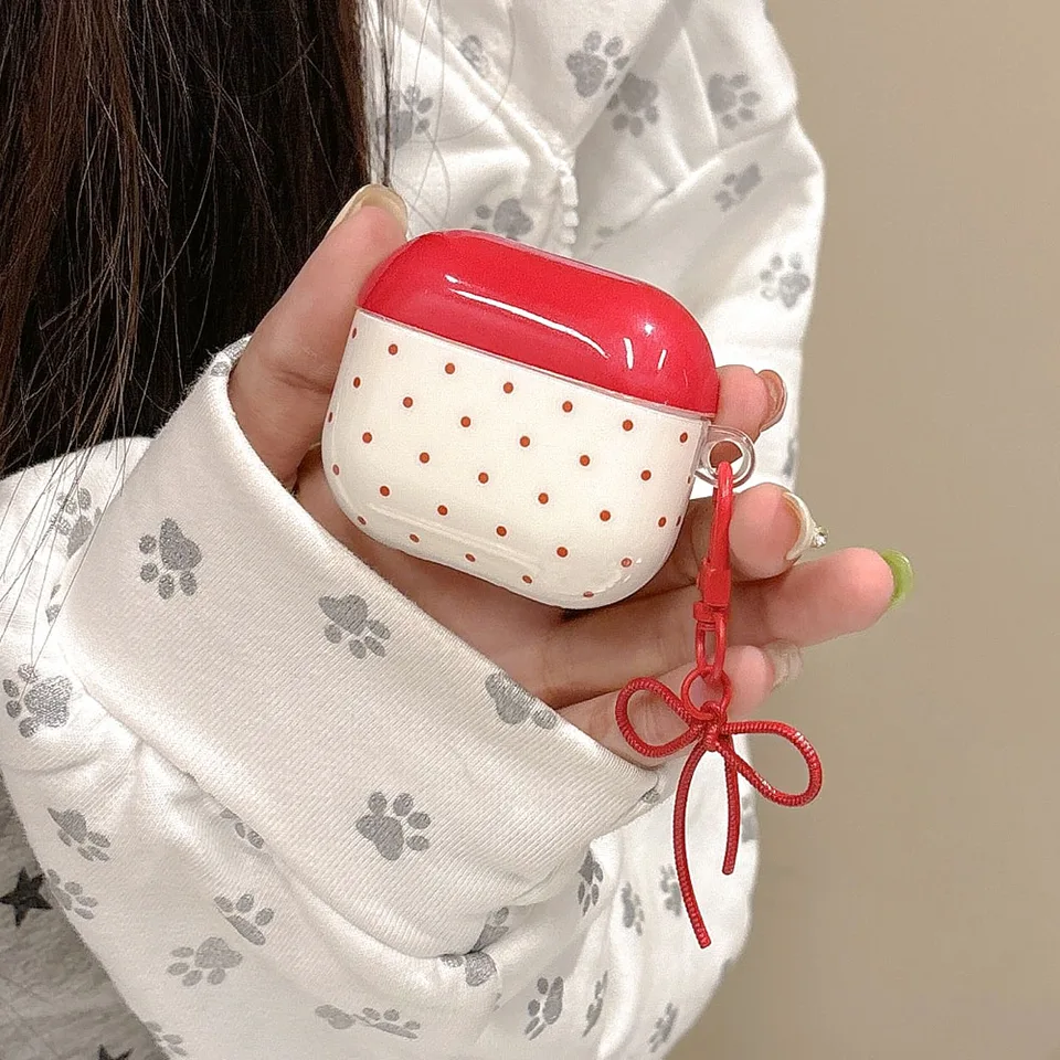 Jednoduché krásne punka dot červené dvojfázové slúchadlá pre AirPods Pro 2 s krytom ochrany závesu Bowknot pre AirPods 1 2 3 4