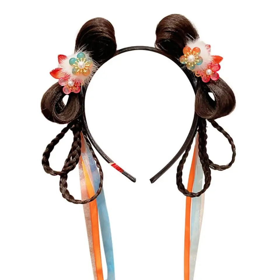 Jednoduché kvetinové deti parochňa čelenka Braid Vlasy TASSEL Čínsky Nový rok hlava pokyny Tang Suit vlasový obruč plyšový hanfu vlasové tyčinky baby