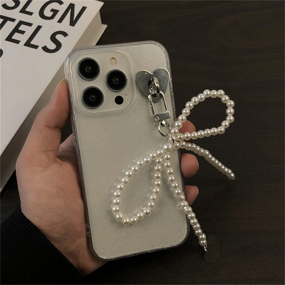 Jednoduchý 3D pearl Bow prívesok trblietky Trstl priehľadné puzdro pre iPhone 15 14 13 12 11 Pro Max x x xr štýlový nárazový nepriestrelný mäkký obal