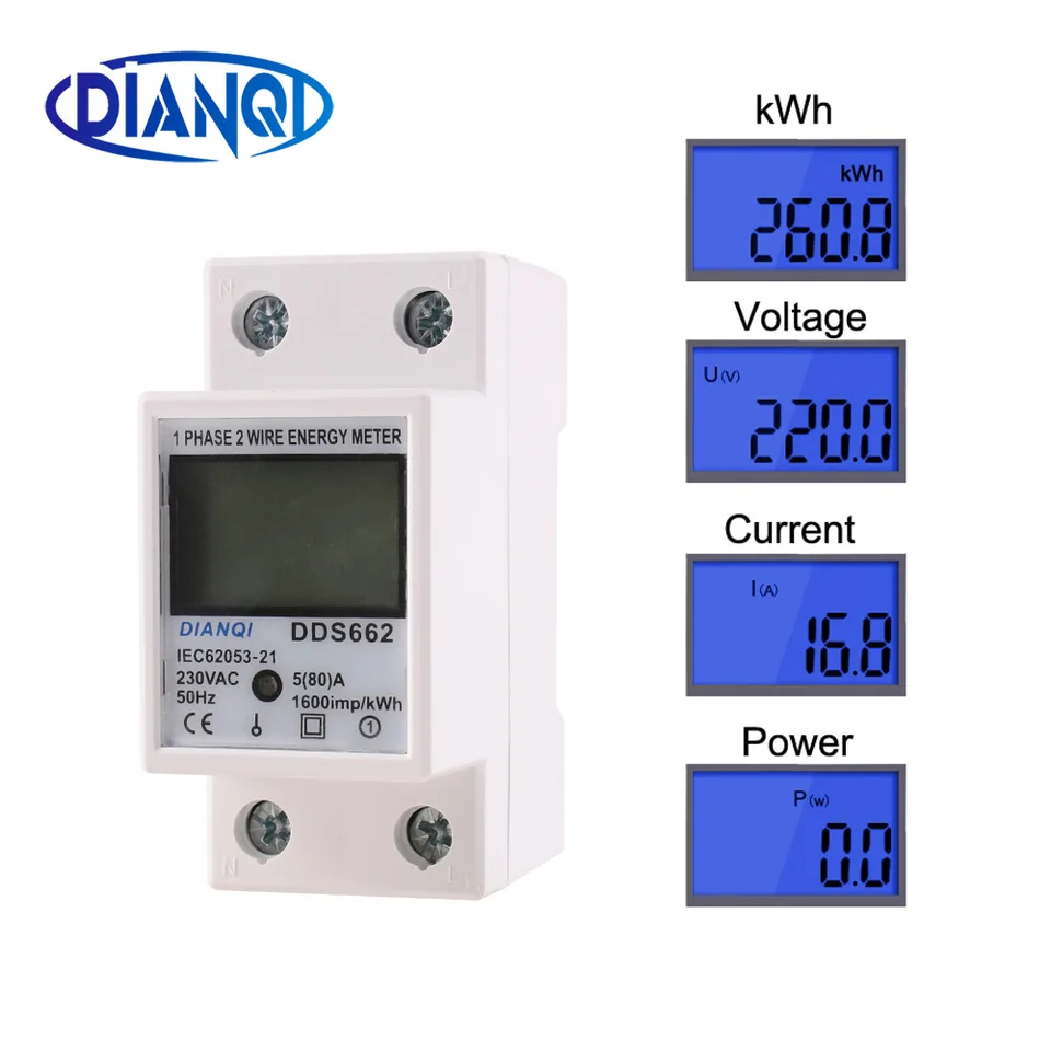 Jednofázový LCD digitálny displej Wattmeter Spotrebovanie energie Meter KWh 230V Elektrická din Rail podsvietenia