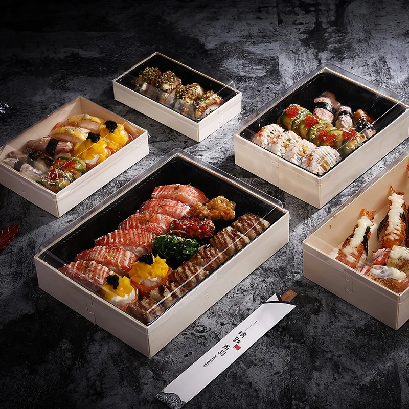 Jednorazový drevený obedový box japonský sushi šalát balenie potravinovej nádoby sashimi tempura skladacie škatule balenie náradia