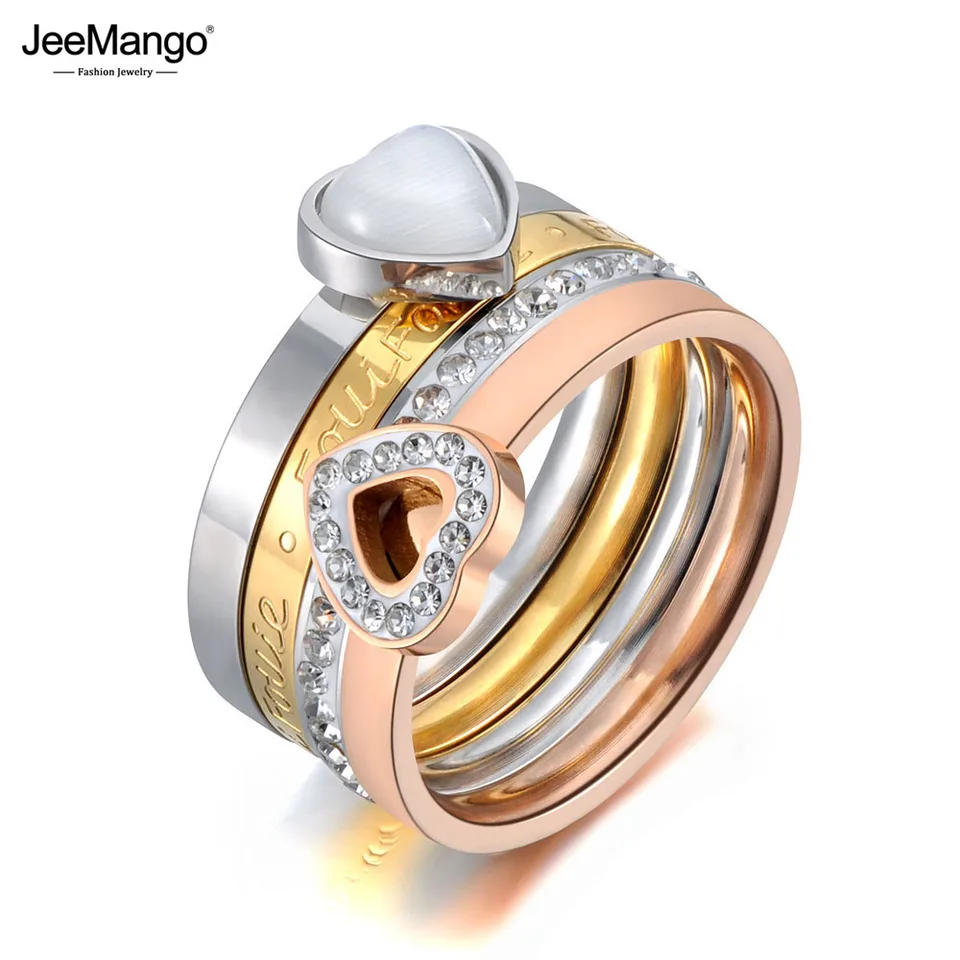 Jeemango Trendy Titanium z nehrdzavejúcej ocele, jemný prsteň šperky biele srdce opály a kamienok svadobné snubné prstene pre ženy JR19121