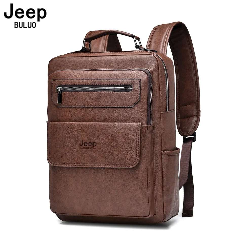 Jeep Buluo Nové batohové mužské školské tašky Značka 15,6 palca notebook batohy Vysoko kvalitné kožené vodotesné hnedé módne mestské mestské