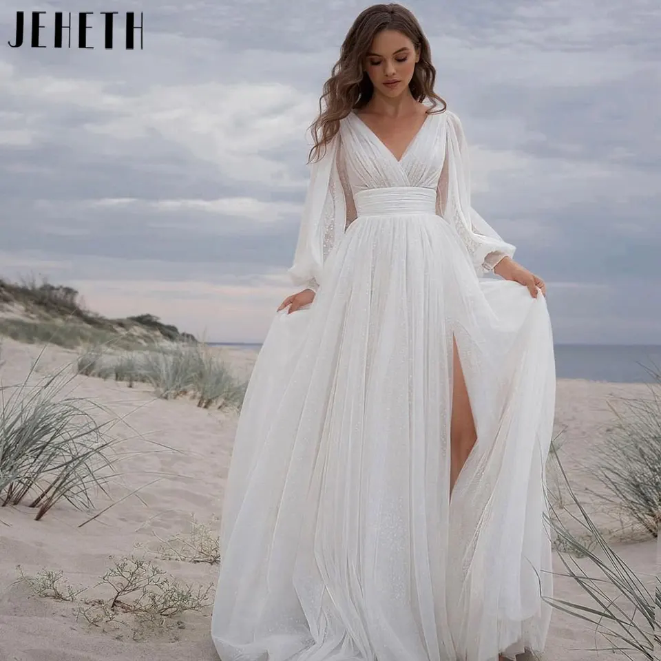 Jeheth Boho High Svadobné šaty A-Line Svadobné šaty 2024 Sexy rukávy s dlhým obláčikom backless Svadobné šaty Vestidos de novia na mieru vyrobené