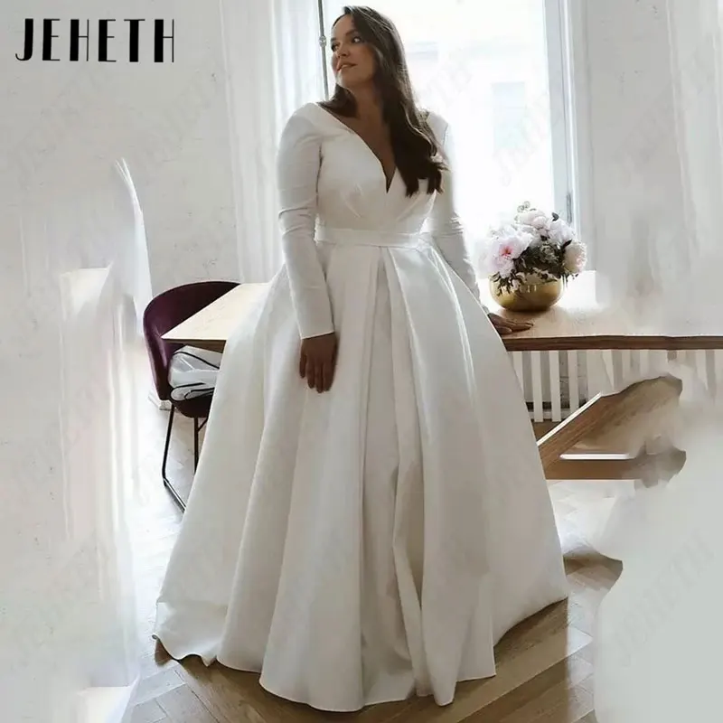 Jeheth Full Ruckves V. Svadobné šaty Vysoky plus veľkosť jednoduchých saténových saténových šaty pre ženy pre ženy sexy klasické Vestido de Mariages