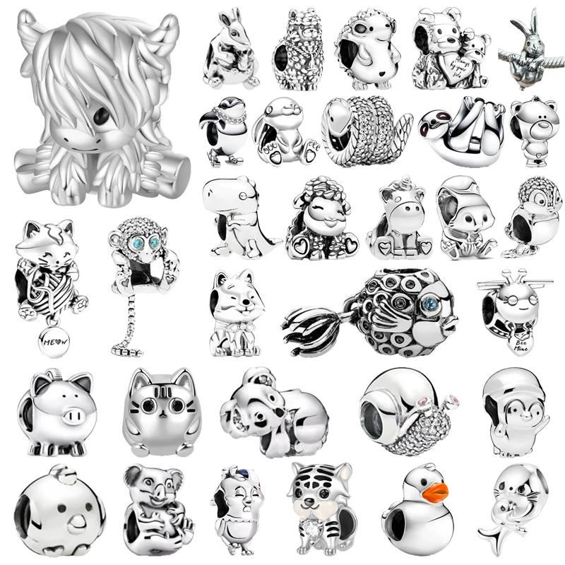 Jemná Highland Cow & Squirrel Rabbit Hedgehog Charm Charm Party Fit Original 925 Strieborný európsky náramok pre domácich majstrov