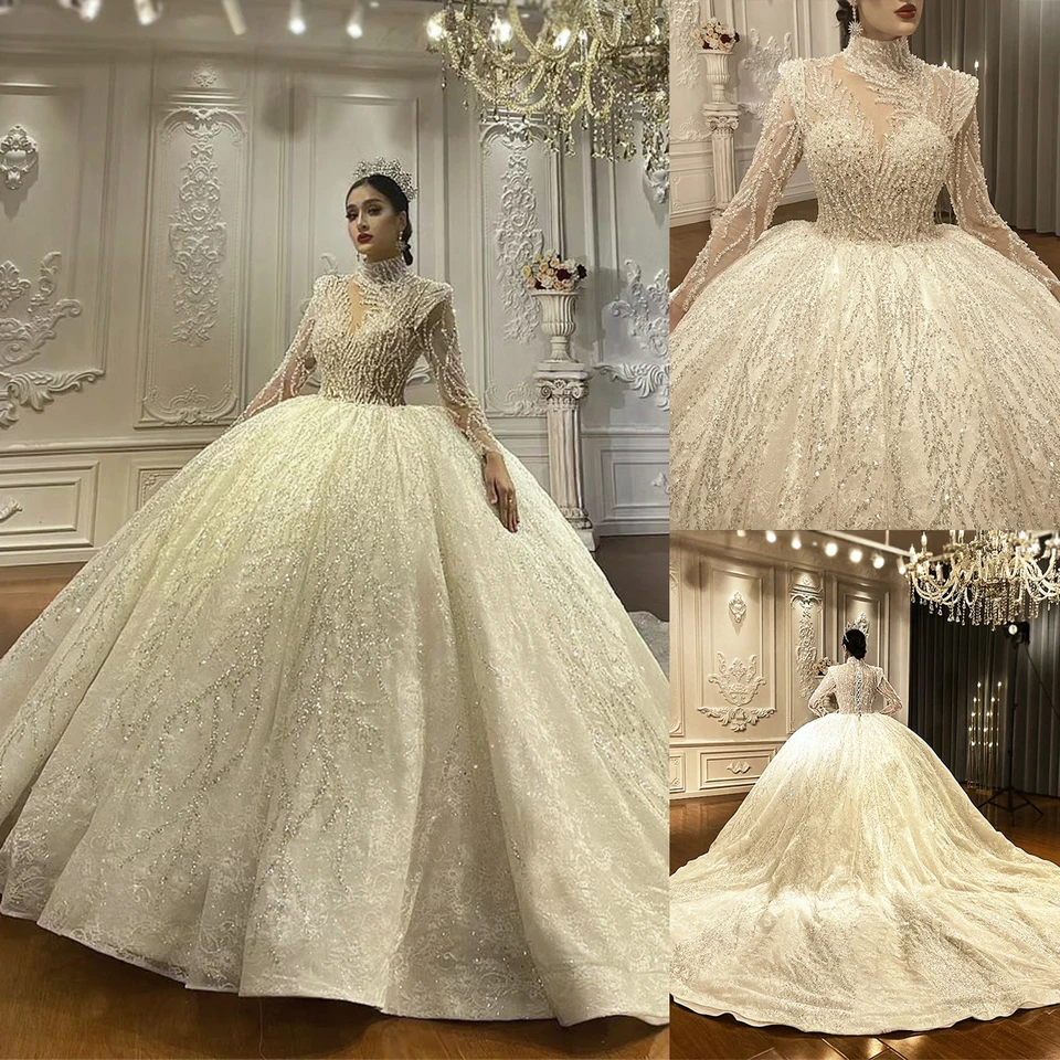 Jemné plesové šaty Ženy Svadobné šaty Vysoké golierové flitre s dlhým rukávom Svadobné šaty Court Train Dresses na mieru vyrobené