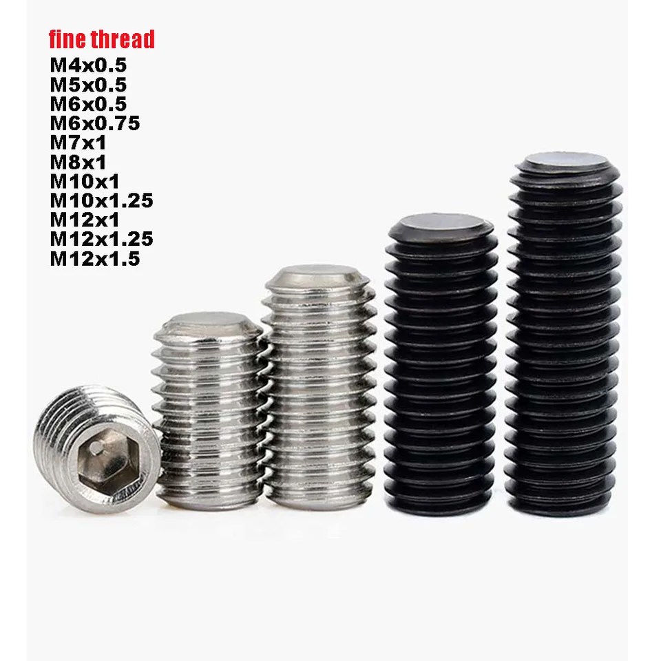 Jemné vlákno M4 M5 M6 M8 M10 M12 DIN913 304 Nereinless 12.9 GRADE OCEL ALLEN HEX HEXAGON SUCKET Plochá grubová skrutka bezhlaví skrutka skrutky