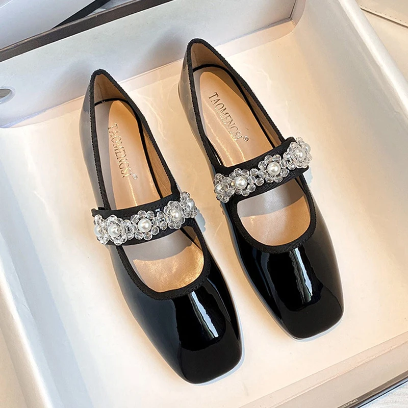 Jemný dámsky čistý kamienok s kamienkami Mary Janes Ladies Shoes topánky lolita balet patentových bytov mokasári femmes štvorcový špičkový balerinas