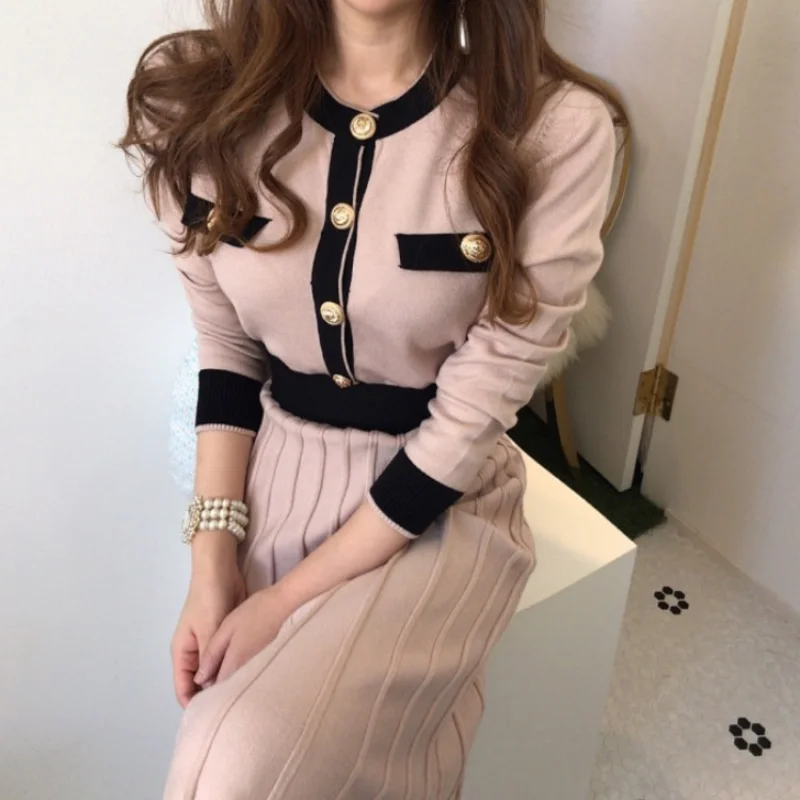Jemný o krk elegantné gombíky s vysokým pásom ružový sveter šaty šaty telescon skladané ženy pletené Vestidos 2025 elegantné oblečenie es