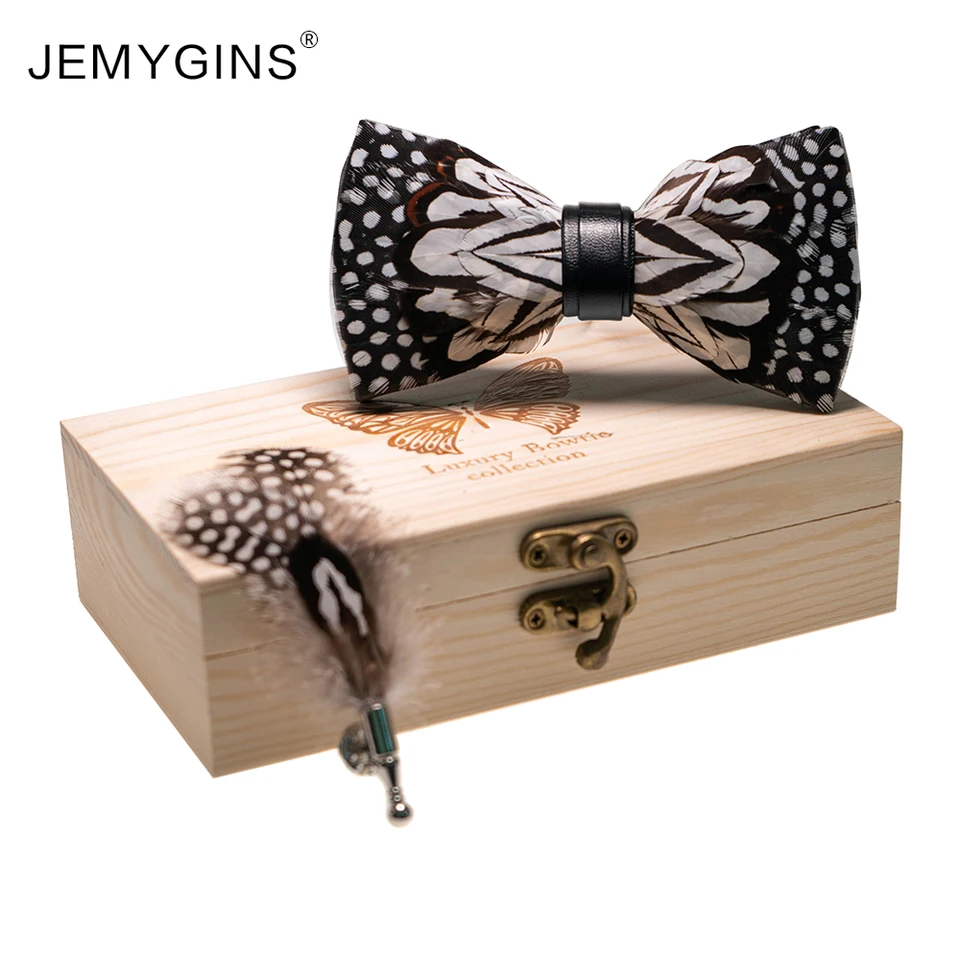Jemygins Originálny dizajn Pánske motýliky ručne značné prírodné perie Bowties Čierna biela nastaviteľná sada darčekovej krabičky na gravádu