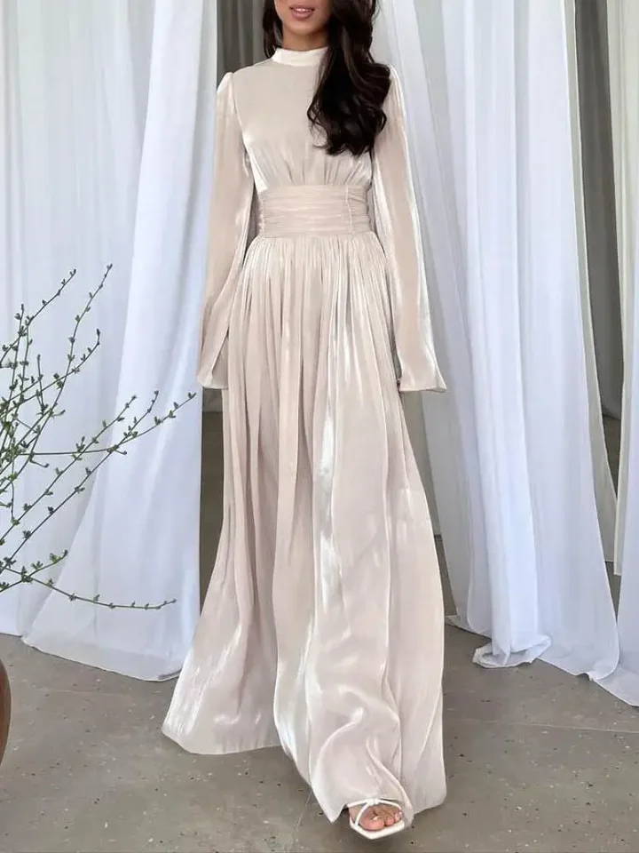 Jennifer Dámske s vysokým pásom s vysokým pásom Maxi Dress 2024 Nové plné farby Elegantné dlhé rukávy Vysoko krkové večere Šaty