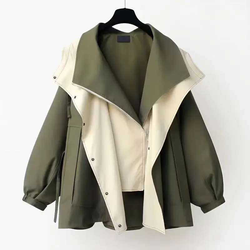 Jesenná elegantná dámska veterná kontrast falošná dvojdielna zipsová gombíková kabátová kabátová kabáta Hoodie Casy All-Match Trend Outwear Bunda