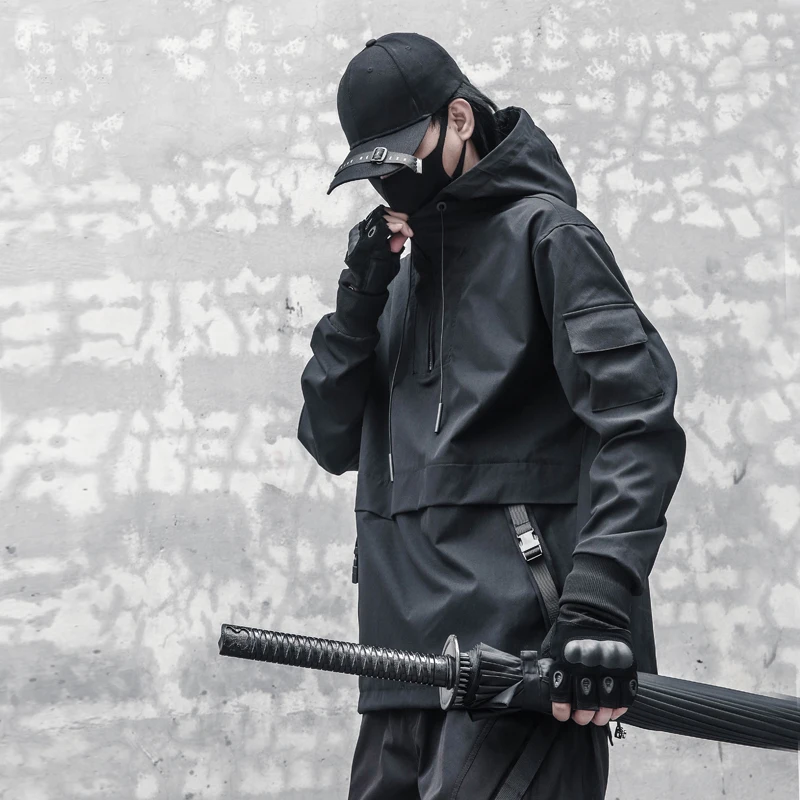 Jesenná funkčná bunda Windbreaker Men hiphop track s kapucňou napoly zips pullover streetwear mužské oblečenie Harajuku High Street