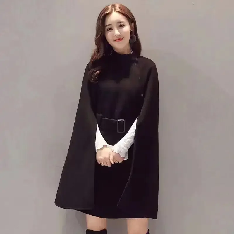 Jesenná vysoko kvalitná vlnená handrička Cape Poncho s opaskom Ženy v strednej dĺžke Kórejské rukávy Casual Dámske Cape Coats Q318
