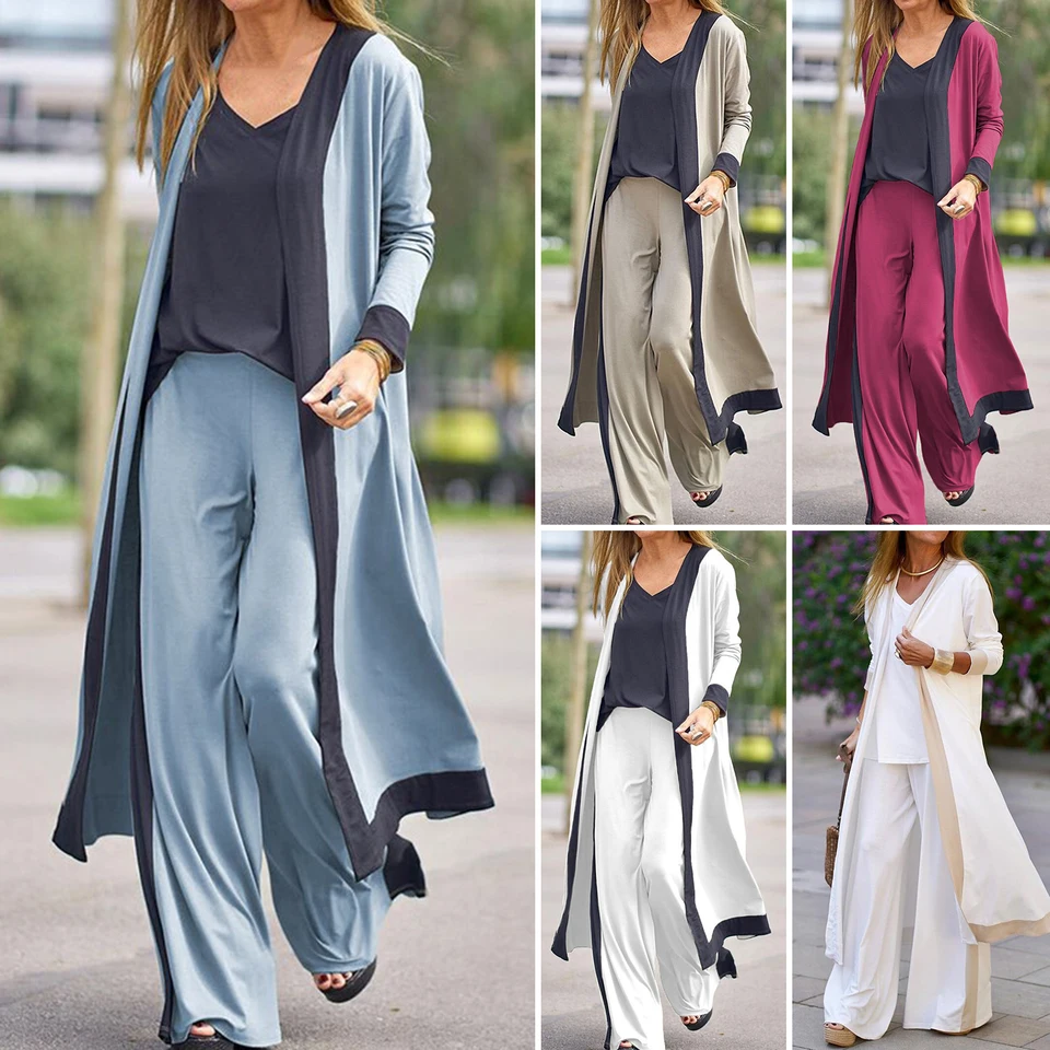 Jesenná zima 1 Sada štýlových svetových kabátov Sling Top Pants Homewear Set Trojdielne ženské outfity farebný blok pre kanceláriu