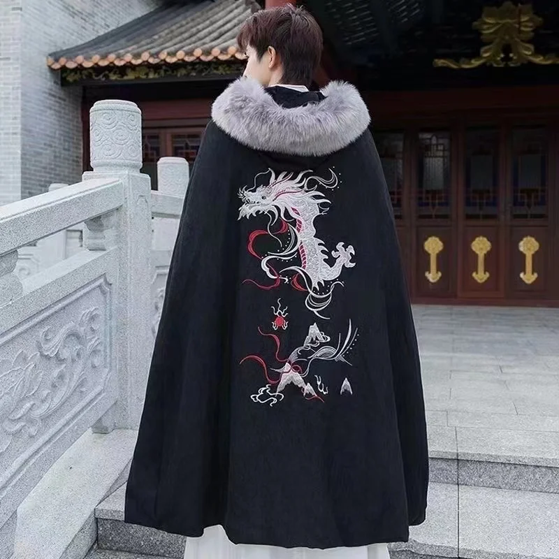 Jesenná zima Mighty Dragon Cloak Pánske zahusťované vyšívanie Ancient Costume Film bojových umení cosplay chlapci oblečenie vonkajšie oblečenie