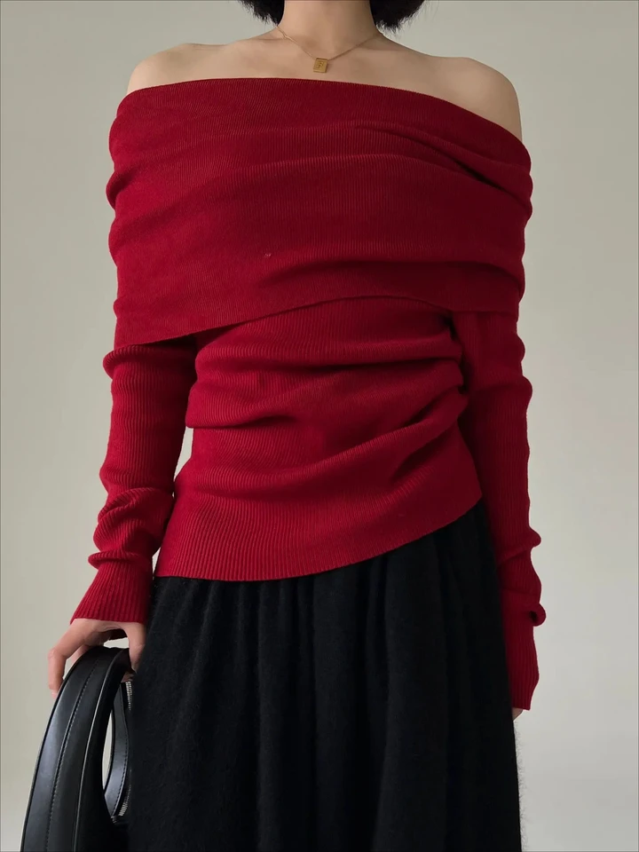Jesenná zima mimo ramenných žien Svetre elegantné vintage pletené pevné skokany High Stretch Top Soft Chic Pulloves