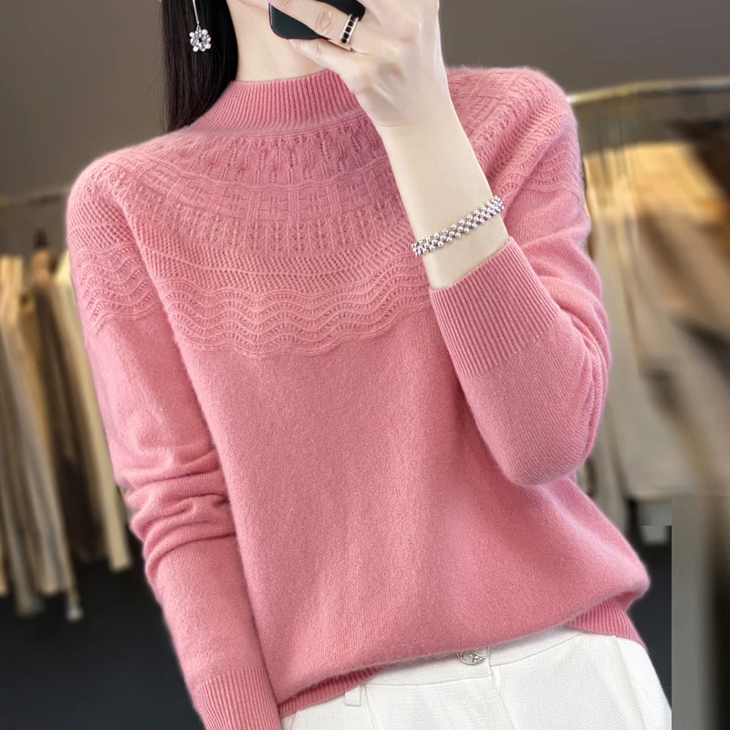 Jesenná zima Nové ženy 100% merino vlny Pullover Mock-krk základný sveter dutina Solid Cashmere pletiek Žena fešála zdola košeľa