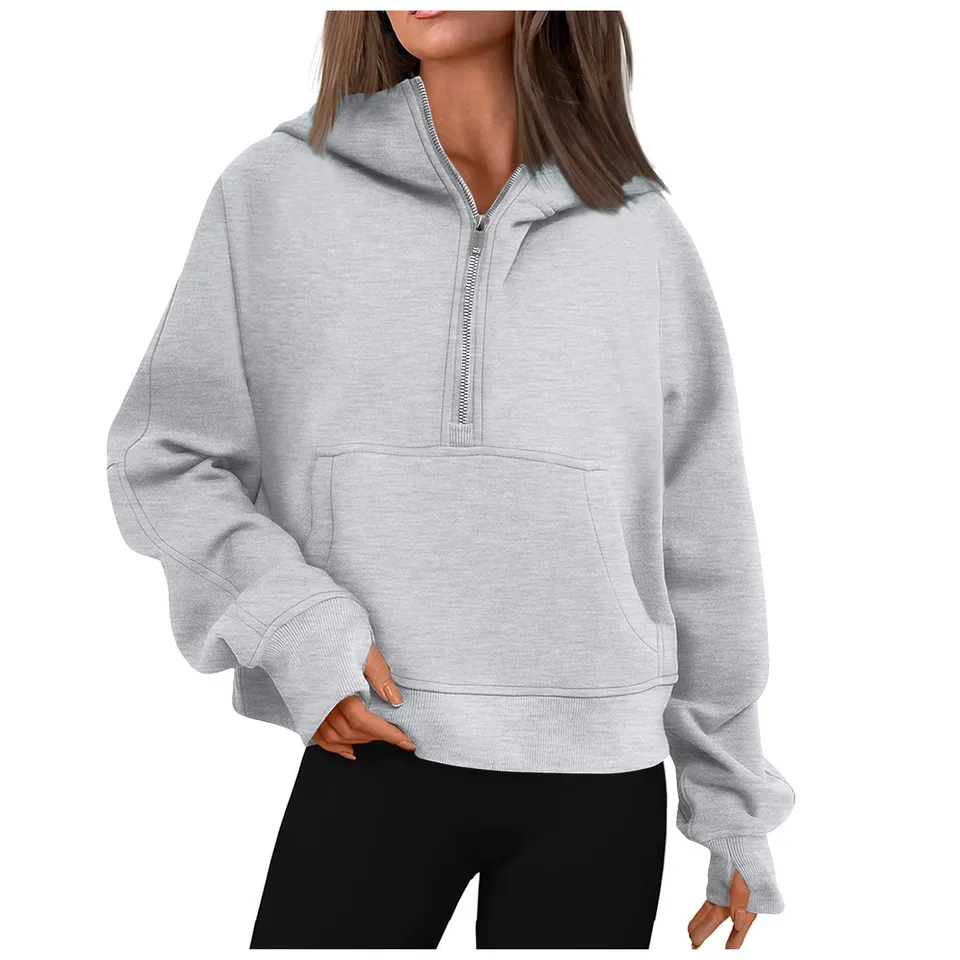 Jesenné a zimné dámske kapucňové kapucňové masívne farby voľné krátke vrecká na zips palcová diera s dlhým rukávom pullover mikiny