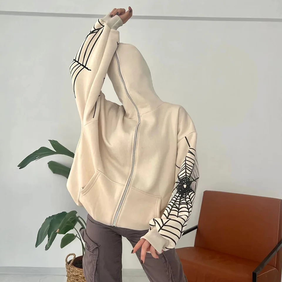 Jesenné a zimné gotické pavúky Web Web Tlatená ulica Trendy Zipper Cardigan Loose Hoodie Hoodie Daily Casual Pary Wear