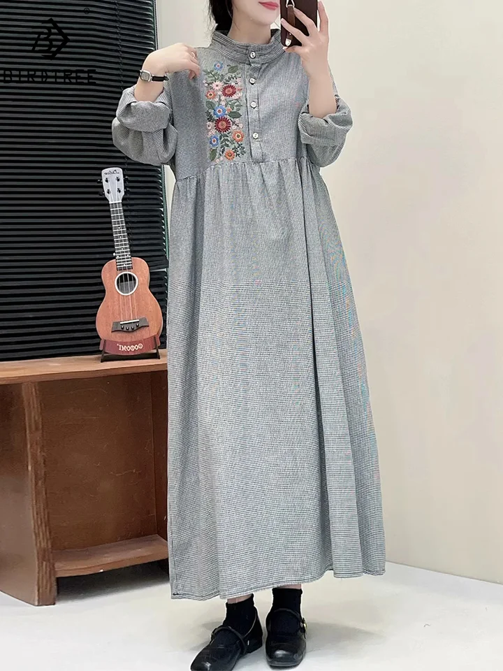 Jesenné bavlnené bielizeň Šaty s dlhým rukávom, výšivka goliera žien, Mori Girl Loose Fashion Príležitostné šaty, zimné d48802qm