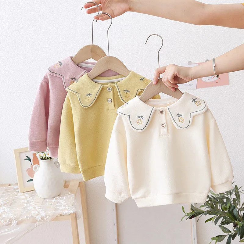 Jesenné deti dievča Peter Pan Collar Cotton Cotton Dojčiatko dievčatko Pullovs Príležitostné pevné rukávy Kid Girl Dievčatá