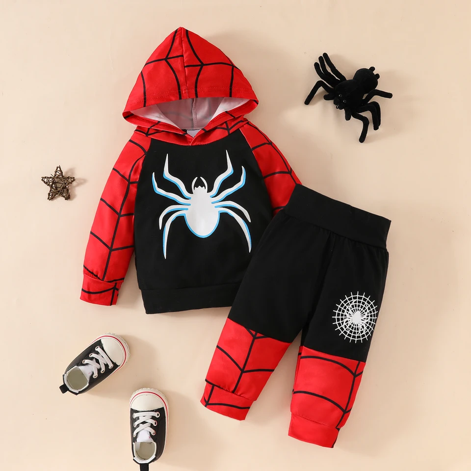 Jesenné detské chlapcovia Spider Tlač farby zodpovedajúce kapucňou, farebné zhodné nohavičky